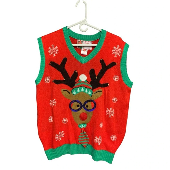 Merry Christmas sweater vest size XL reindeer with bells super festive - Picture 1 of 5